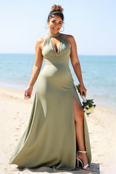 Olive Plus Size Neckholder Satin Langes Brautjungfernkleid mit Schlitz